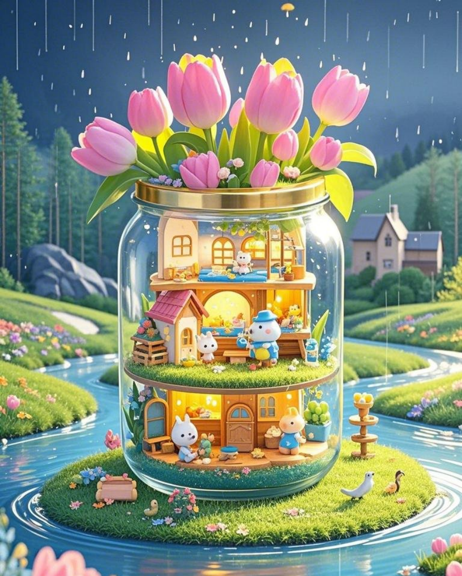 梦幻童话风格玻璃罐中三层迷你小屋内部素材