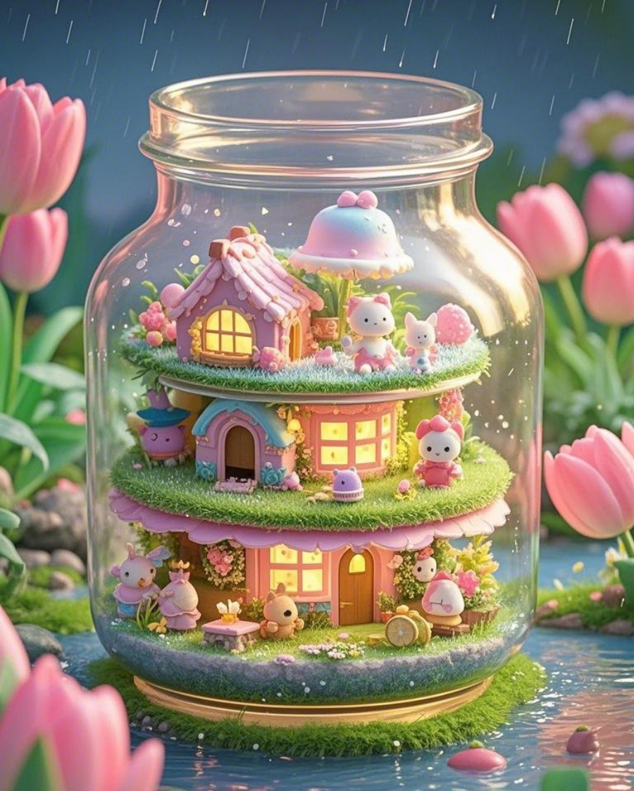 梦幻童话风格玻璃罐中三层迷你小屋内部素材