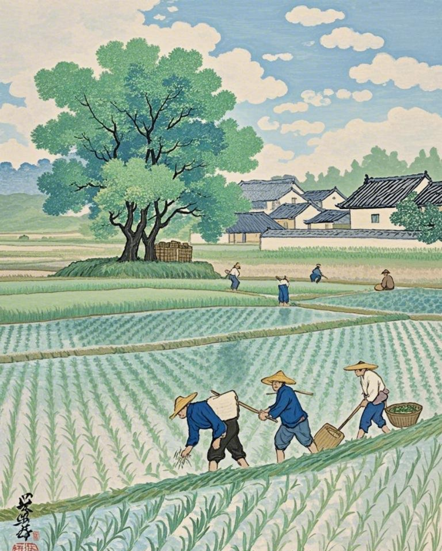 梵高作品风格春天耕种景象许多农民在插素材