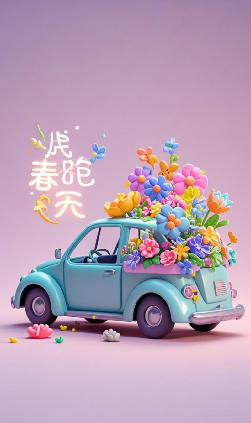 一辆装满春天鲜花的可爱小车素材