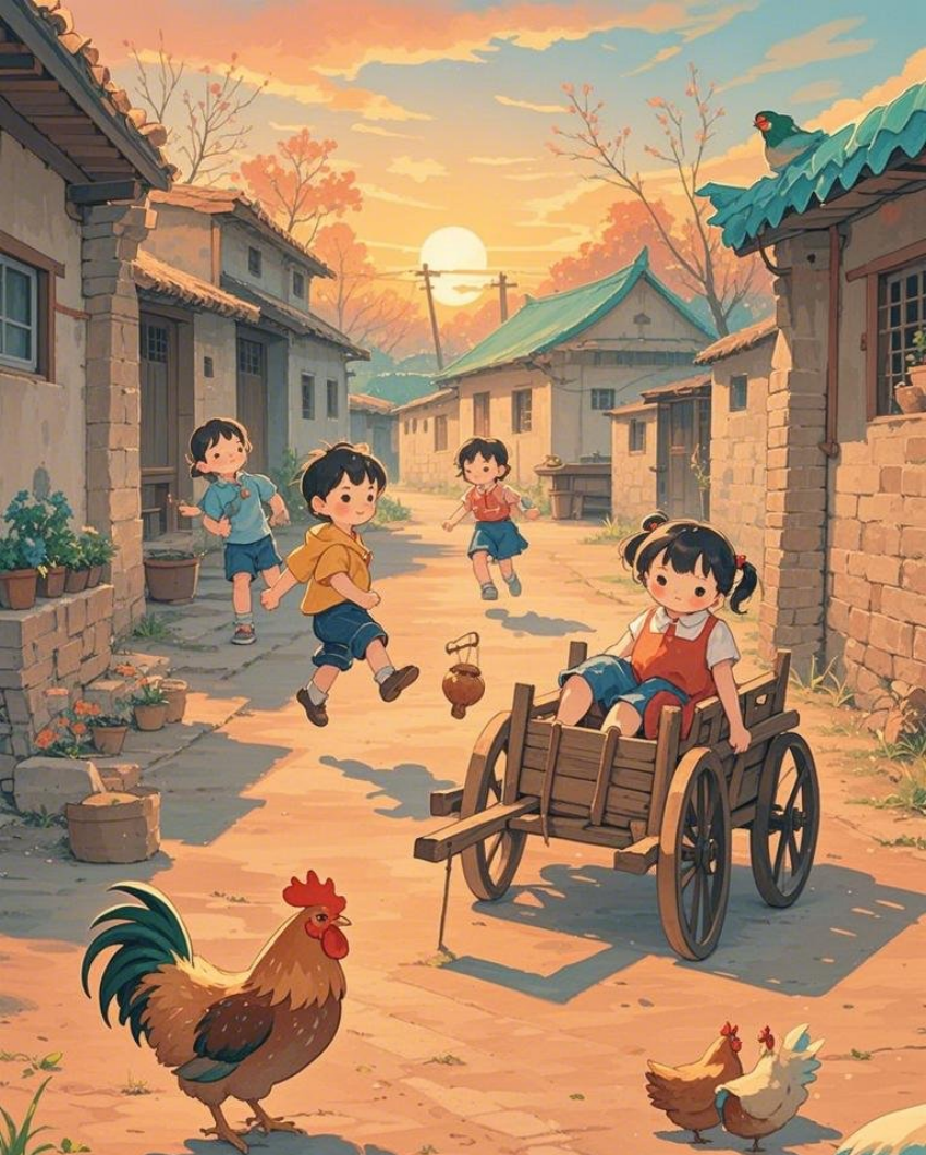 治愈系插画日落80年代小孩玩耍踢毽素材