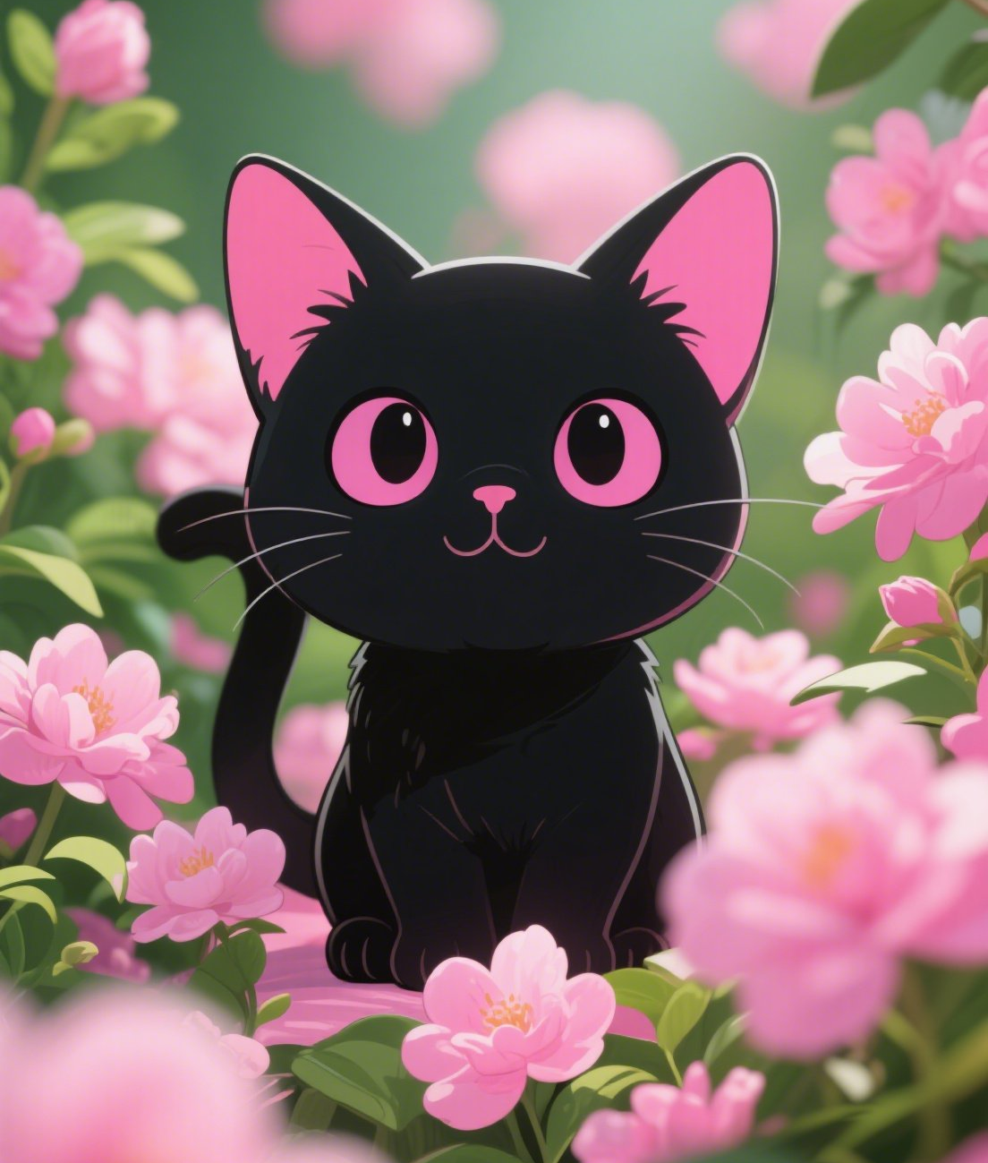 可爱的黑猫坐在粉色的花朵中间粉花绿叶背素材