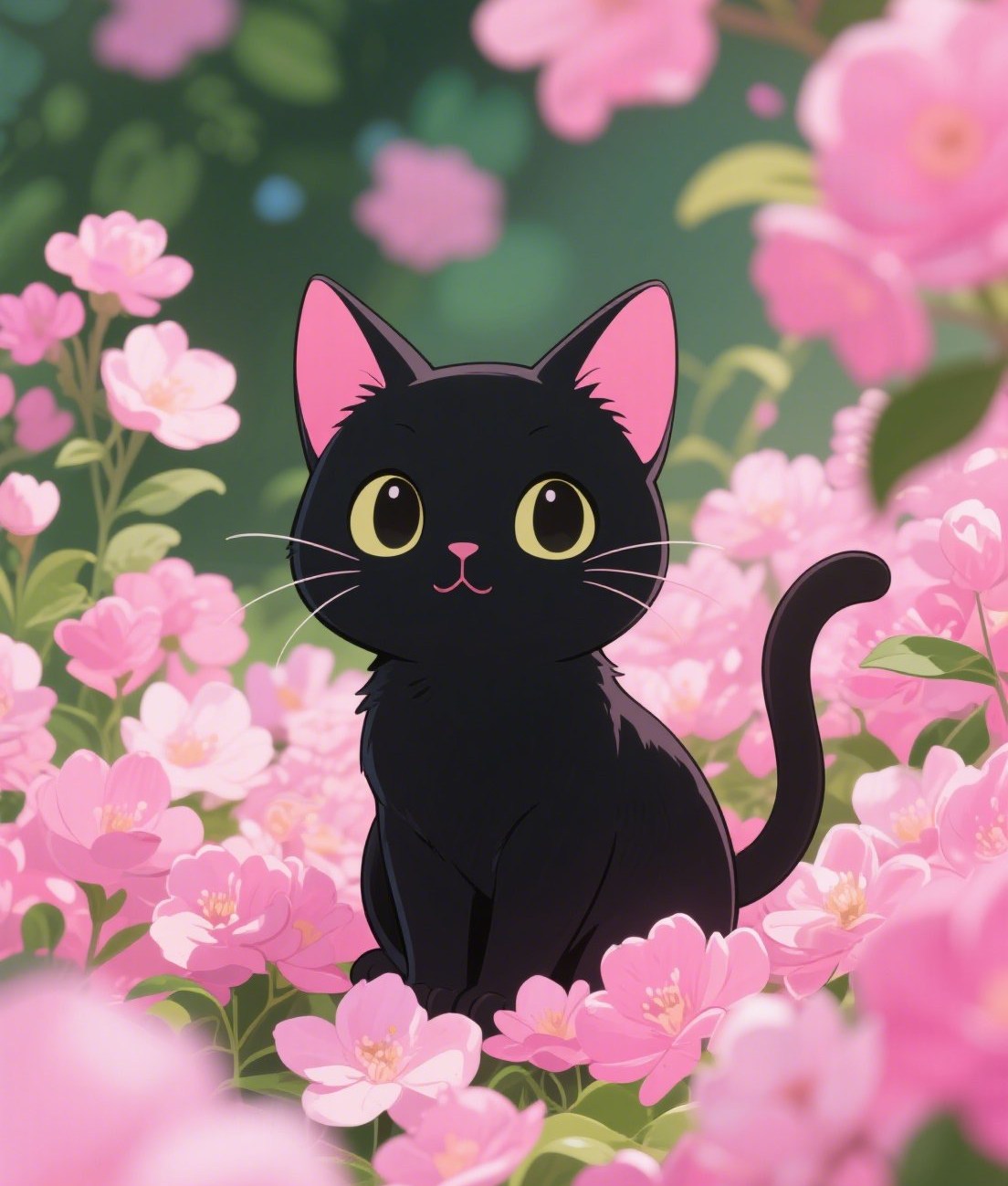 可爱的黑猫坐在粉色的花朵中间粉花绿叶背素材