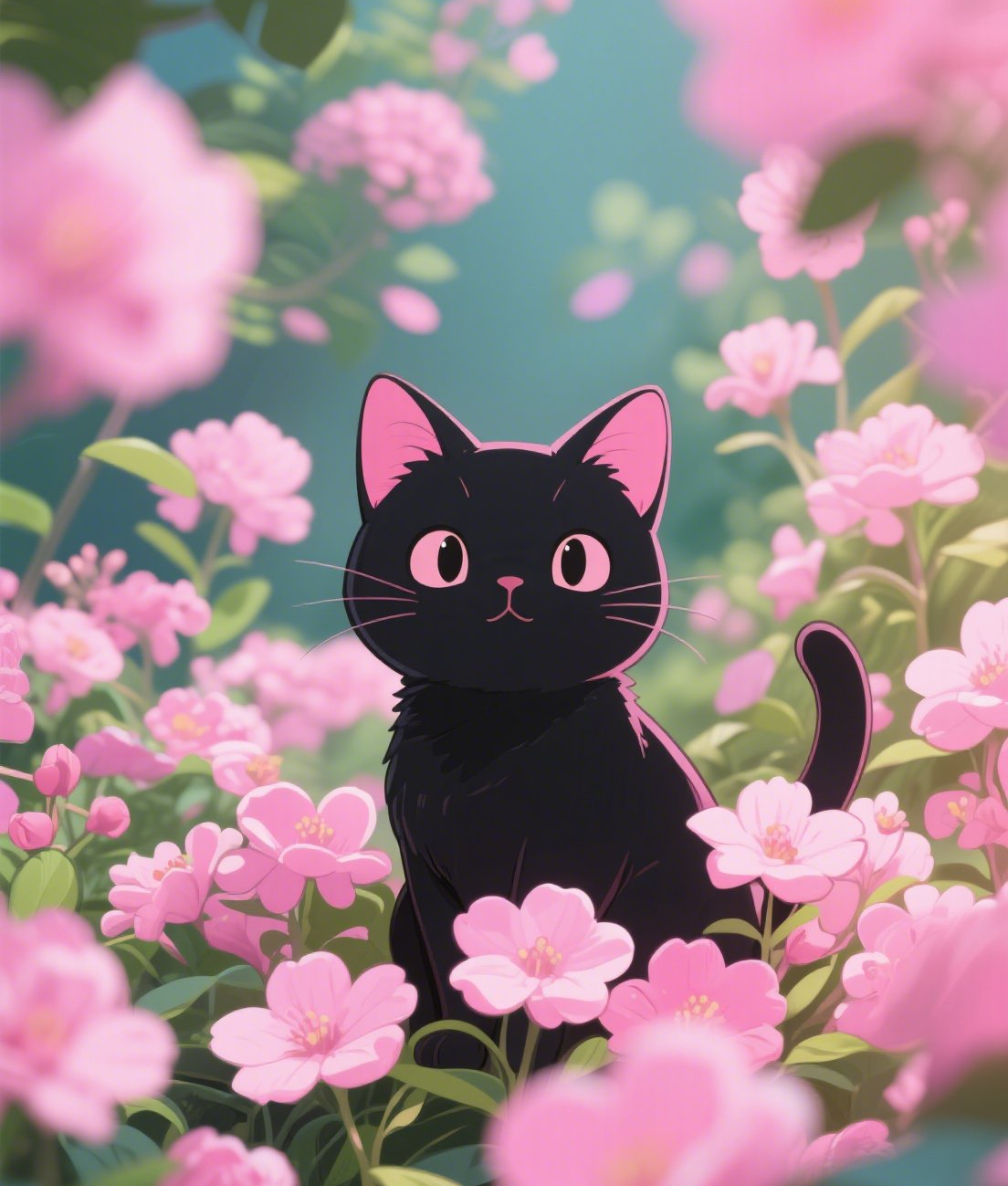 可爱的黑猫坐在粉色的花朵中间粉花绿叶背素材