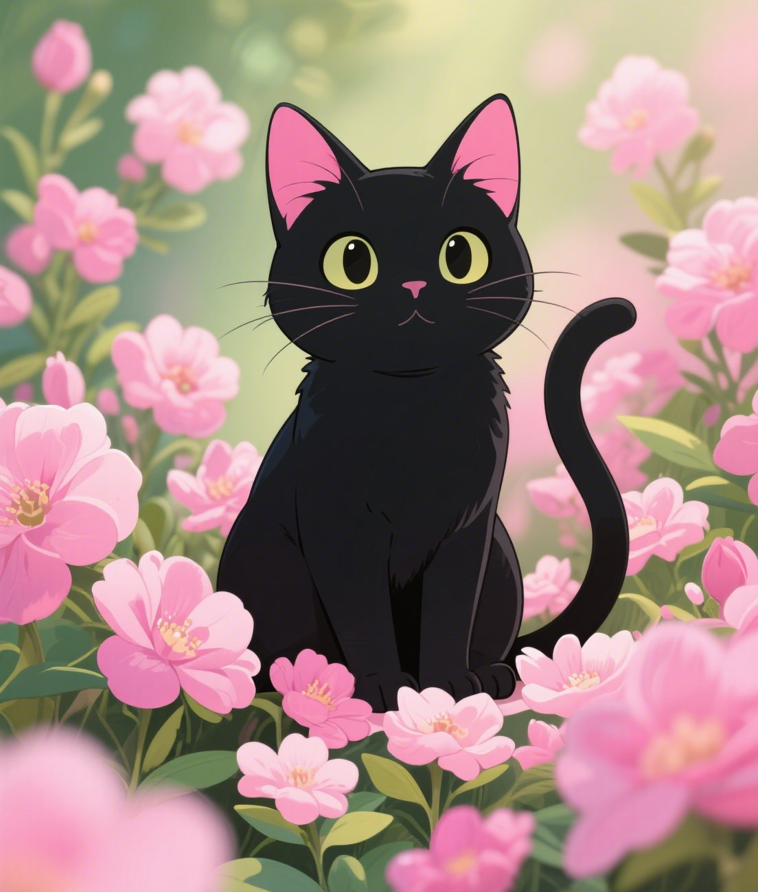 可爱的黑猫坐在粉色的花朵中间粉花绿叶背素材