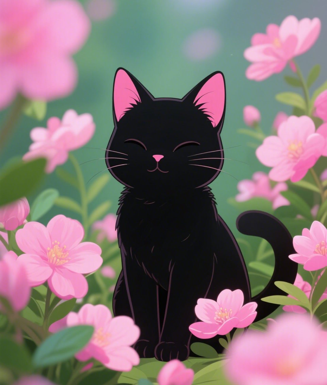 可爱的黑猫坐在粉色的花朵中间粉花绿叶背素材