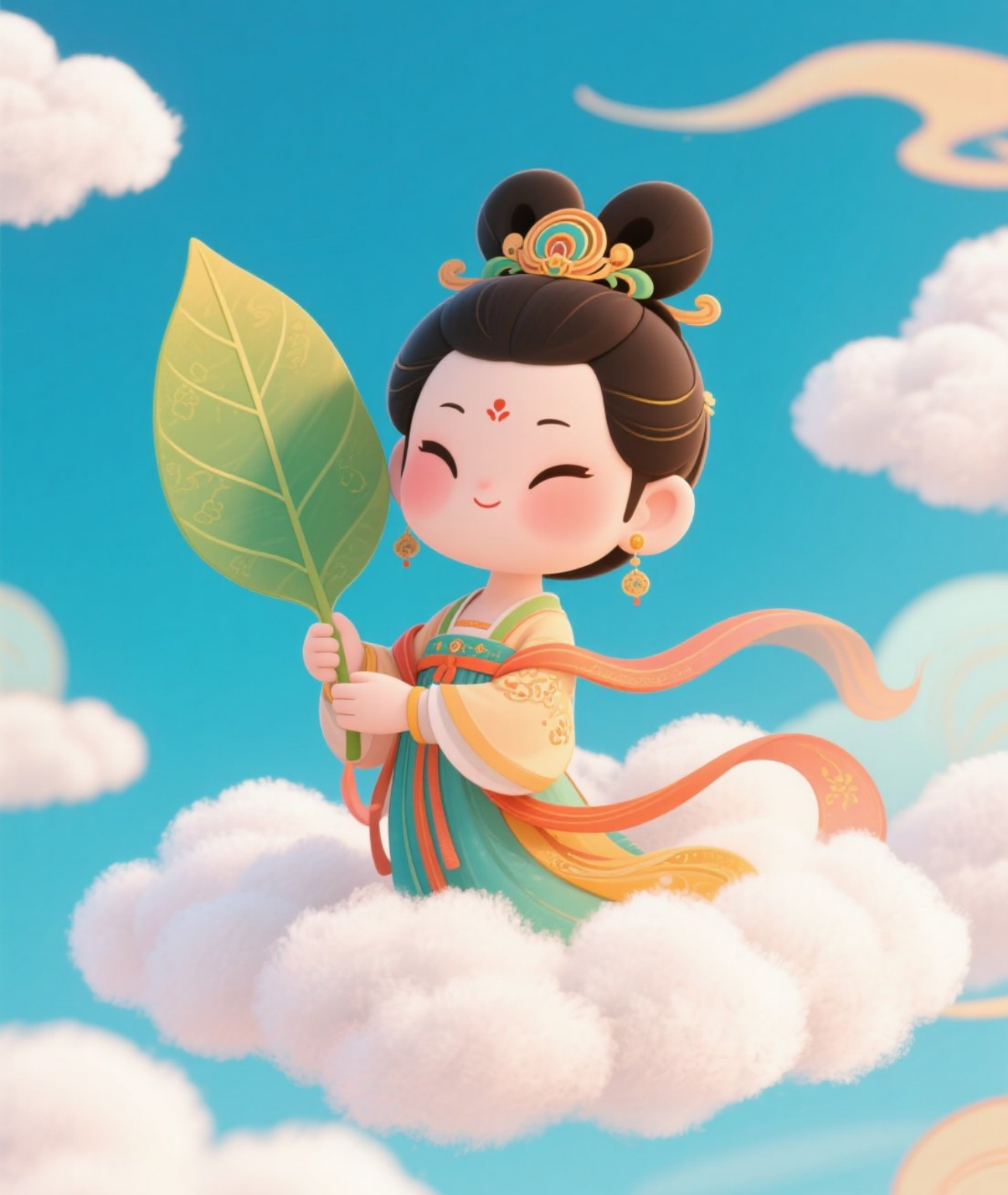 敦煌美人拿着一片大叶子站在白云中中国风素材