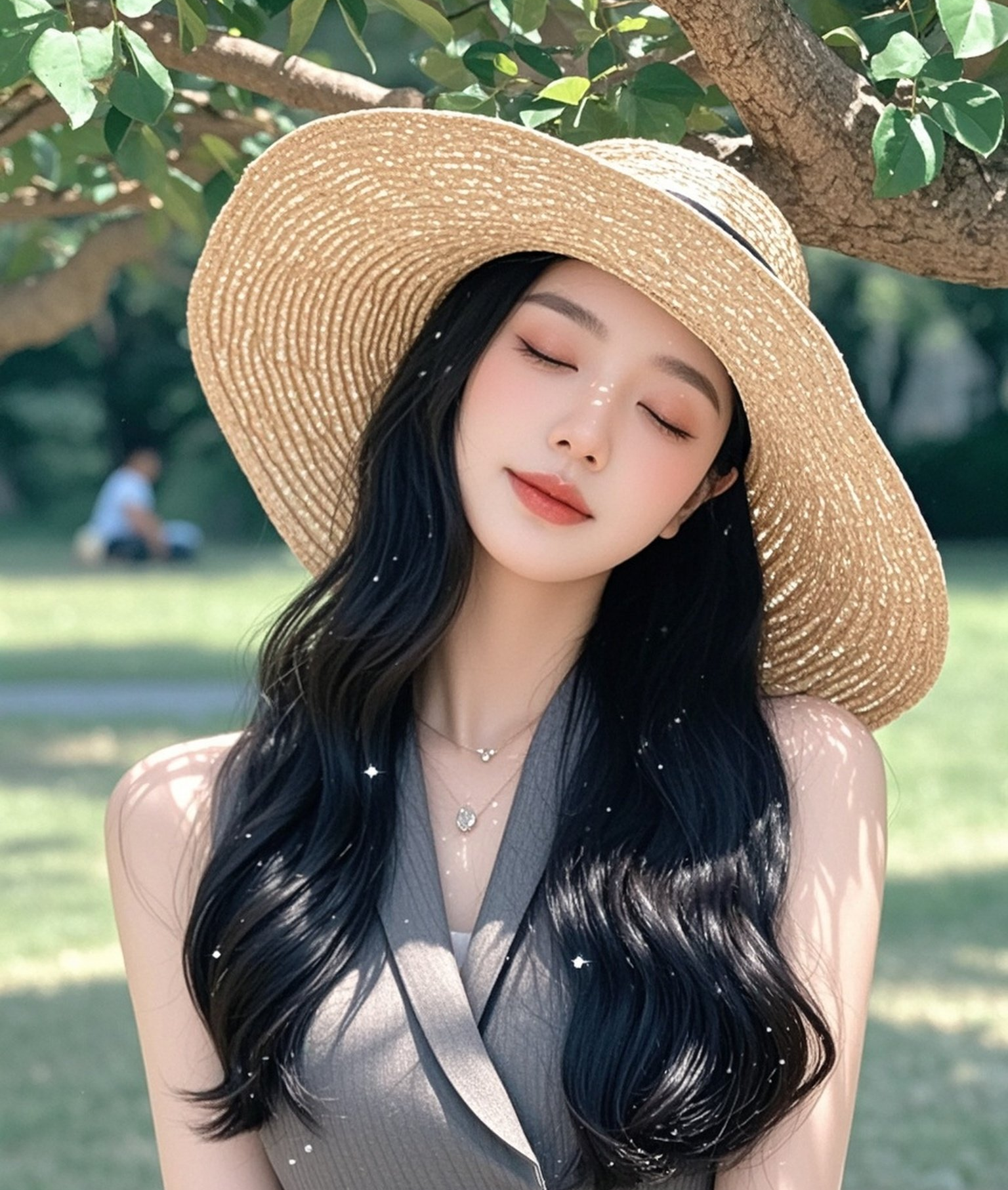 手绘黑色长发女孩长裙闭眼站在树下素材