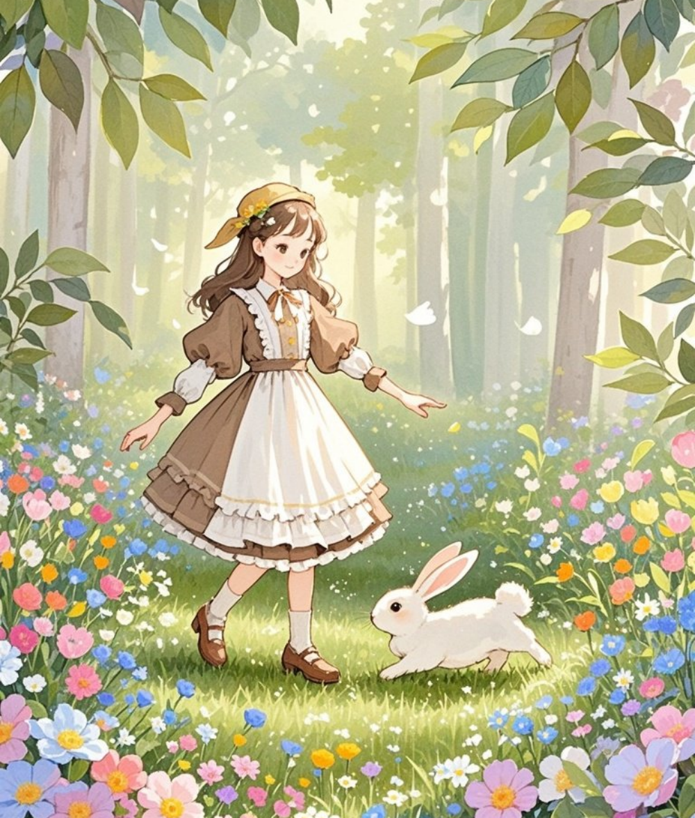一个穿复古小裙子的女孩和一只兔子在森林里素材