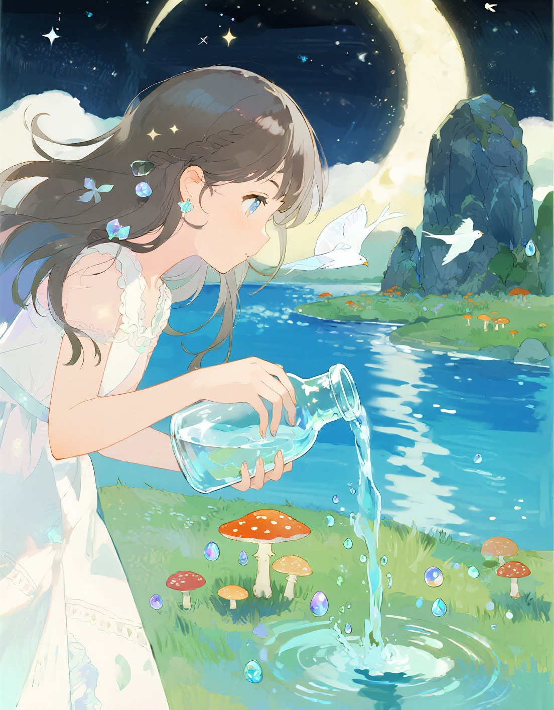 少女在月牙泉边倒水治愈系儿童插画创意涂鸦素材