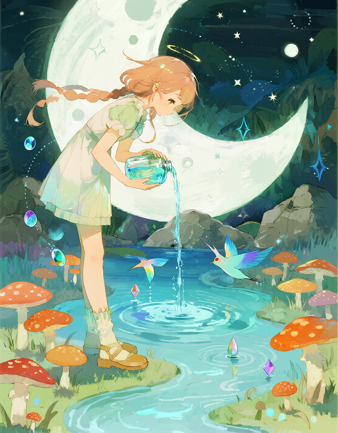 少女在月牙泉边倒水治愈系儿童插画创意涂鸦素材