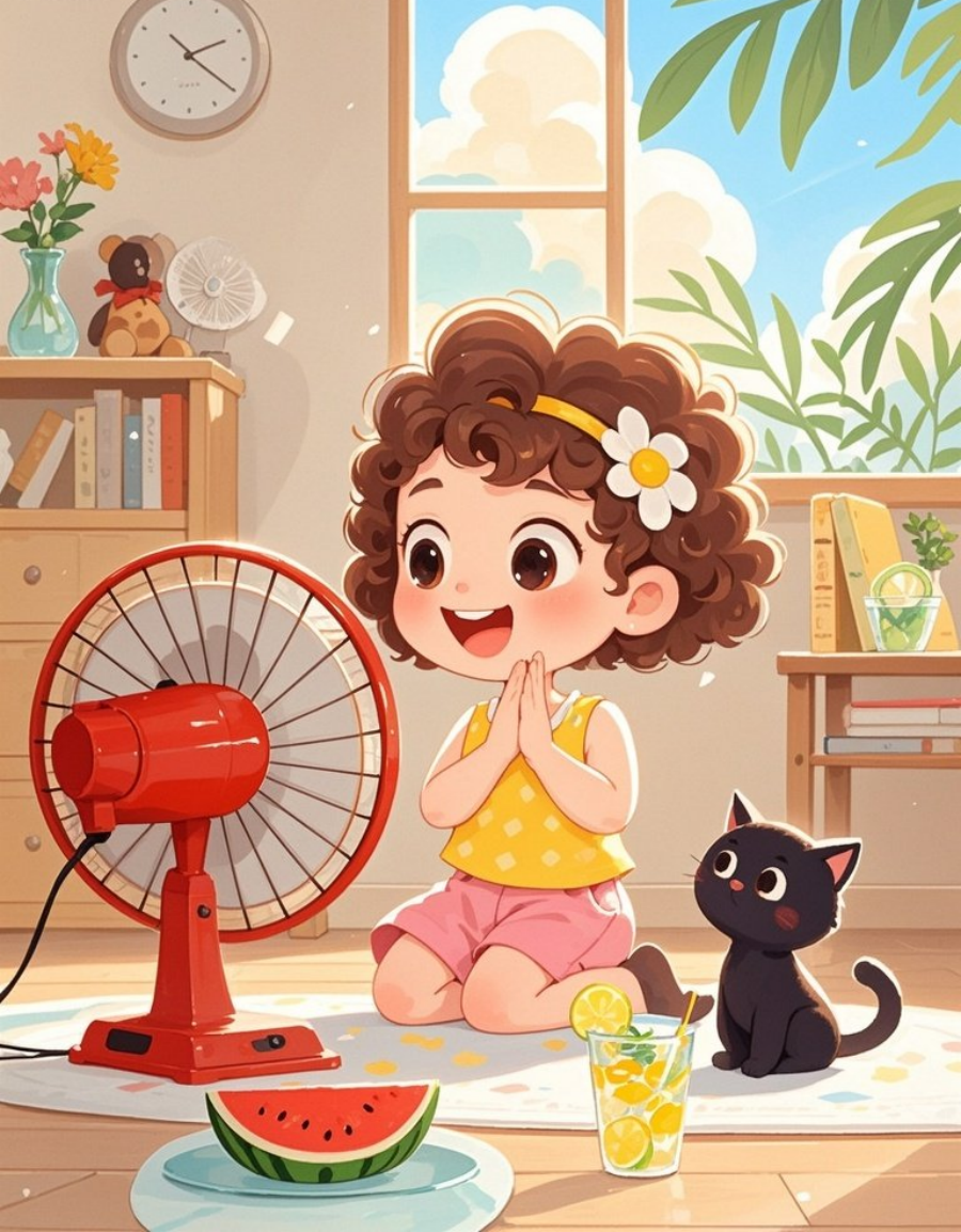 一个小女孩在夏日的午后吹电风扇吃西瓜旁边素材
