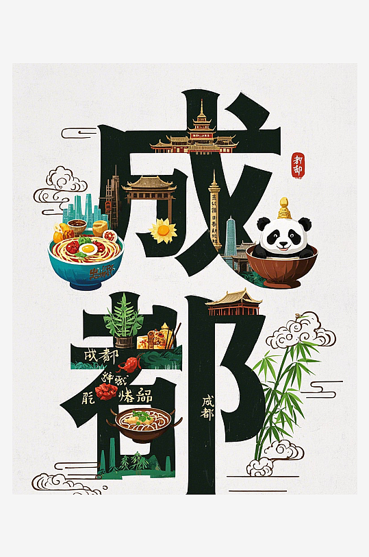成都名片卡通成都名插畫簡筆畫手繪插畫元素