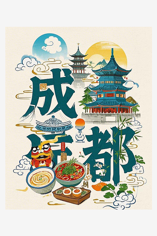 成都名片卡通成都名插畫簡筆畫手繪插畫元素