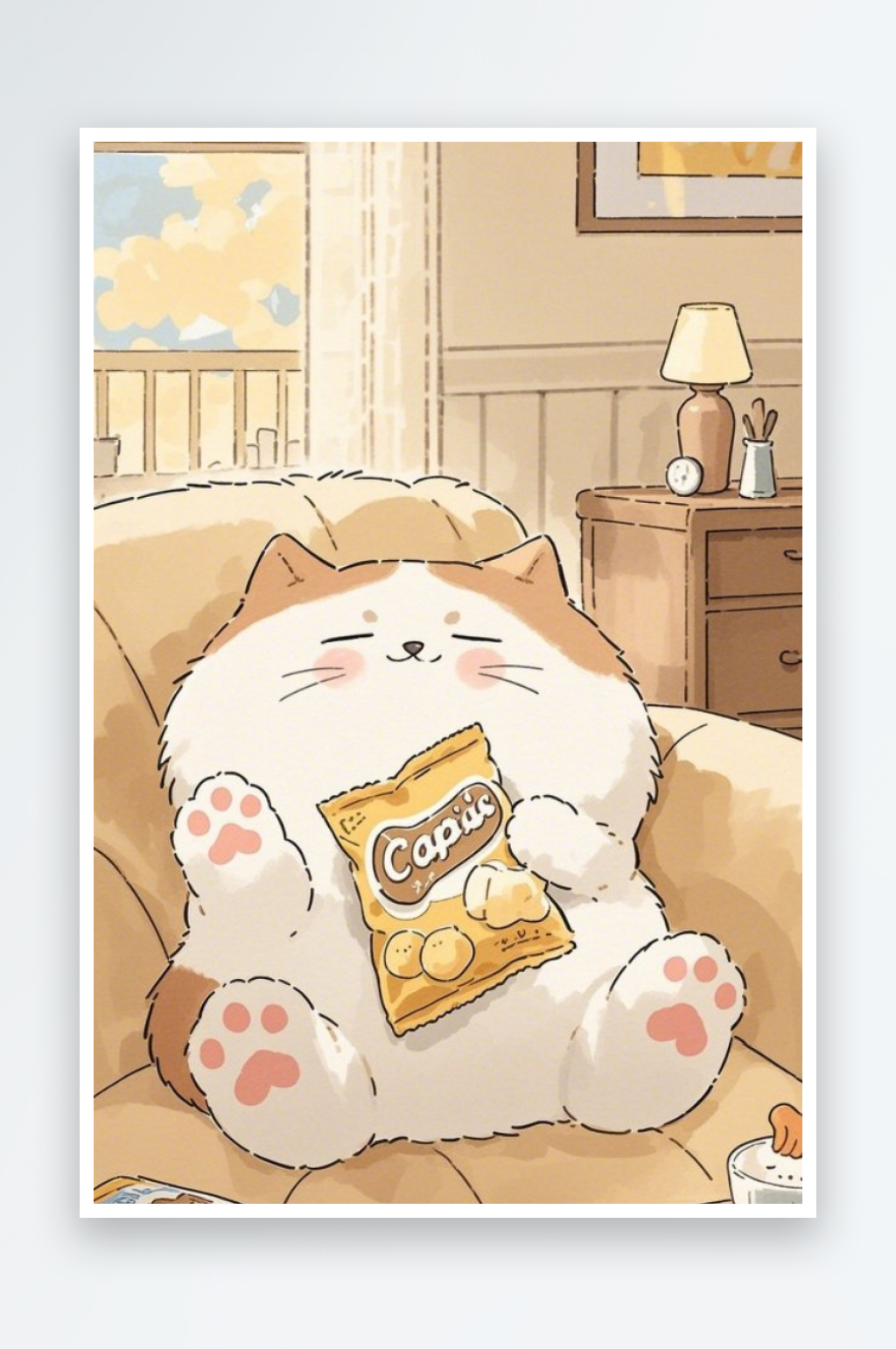 一个可爱圆润的小猫咪躺在沙发上手里抱素材