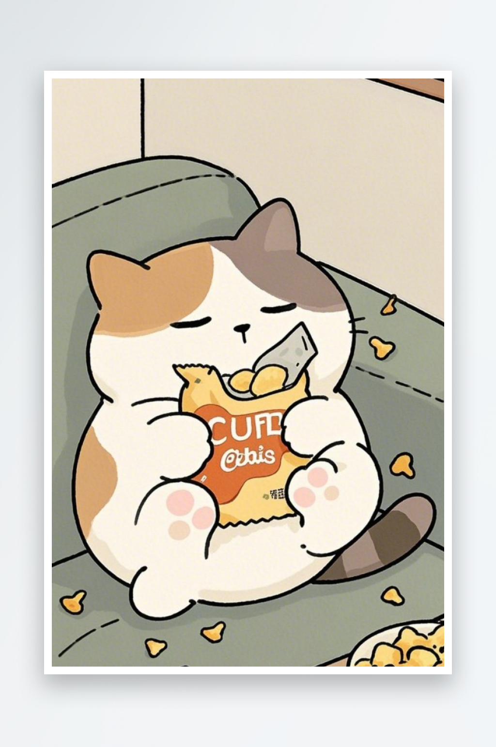 一个可爱圆润的小猫咪躺在沙发上手里抱素材
