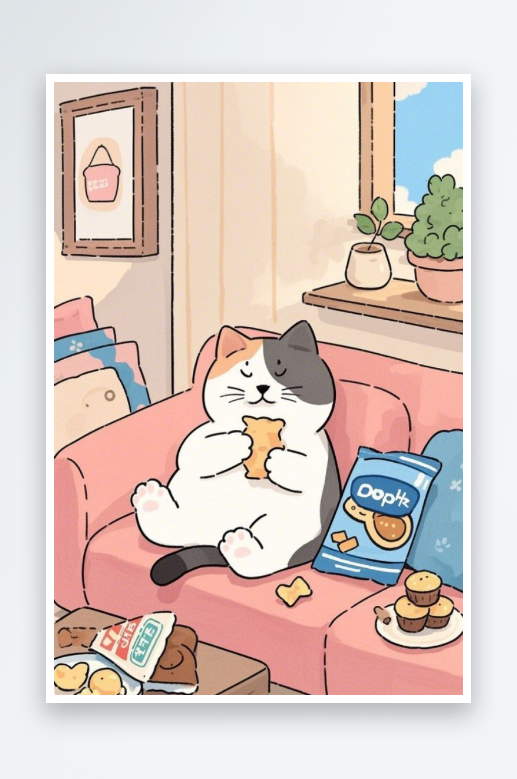 一个可爱圆润的小猫咪躺在沙发上手里抱素材
