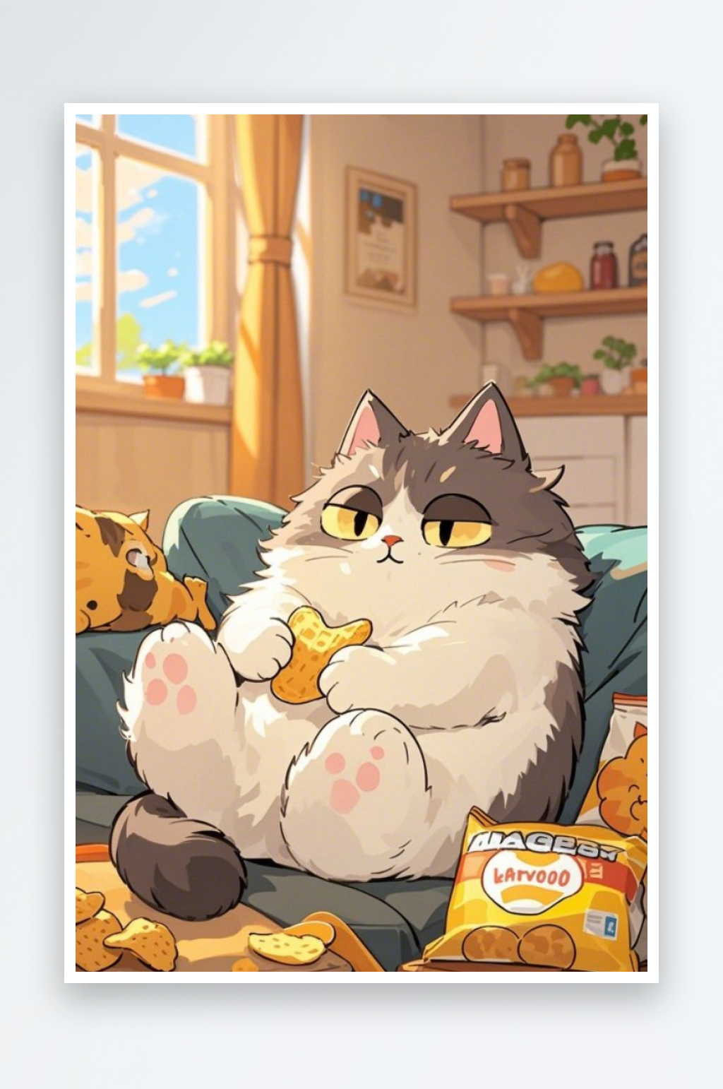 一个可爱圆润的小猫咪躺在沙发上手里抱素材