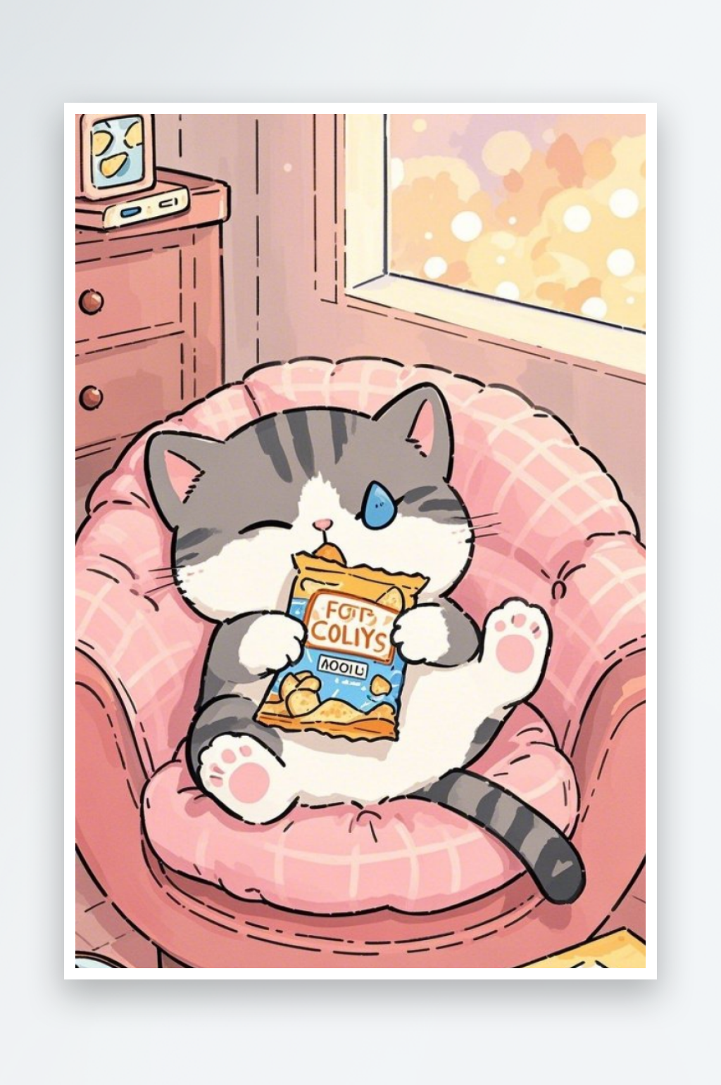 一个可爱圆润的小猫咪躺在沙发上手里抱素材