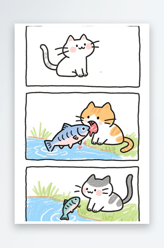 一只猫咪在河边抓鱼四格漫画白色背景简笔画