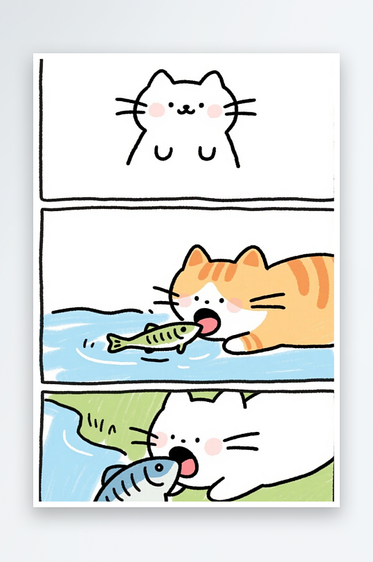 一只猫咪在河边抓鱼四格漫画白色背景简笔画