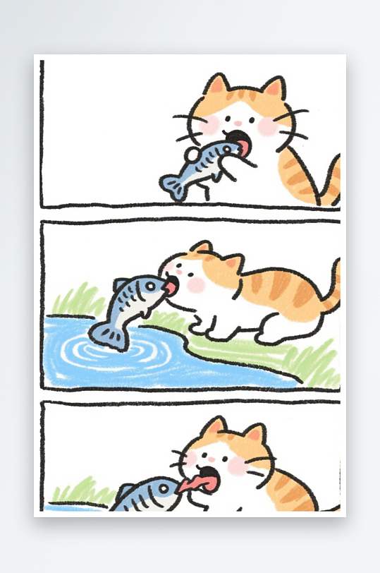 一只猫咪在河边抓鱼四格漫画白色背景简笔画
