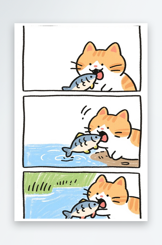 一只猫咪在河边抓鱼四格漫画白色背景简笔画
