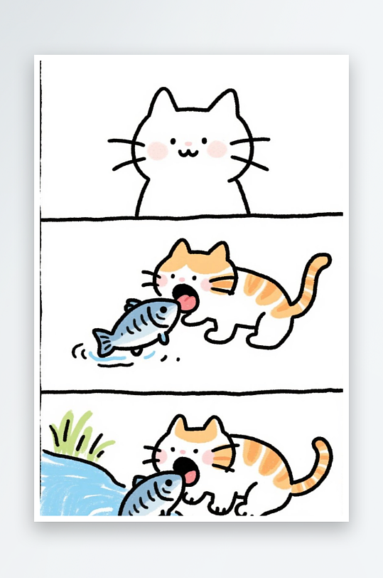 一只猫咪在河边抓鱼四格漫画白色背景简笔画