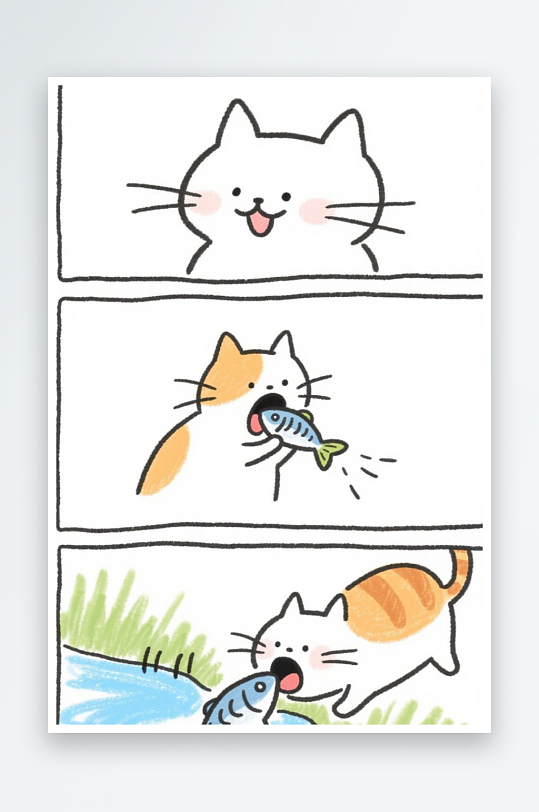 一只猫咪在河边抓鱼四格漫画白色背景简笔画