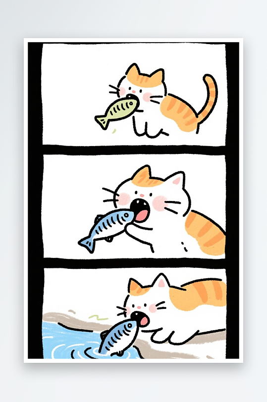 一只猫咪在河边抓鱼四格漫画白色背景简笔画