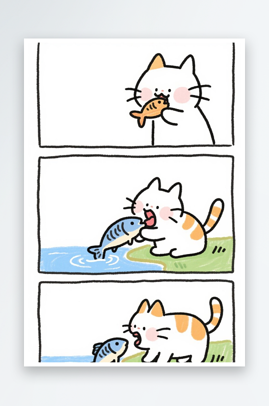 一只猫咪在河边抓鱼四格漫画白色背景简笔画