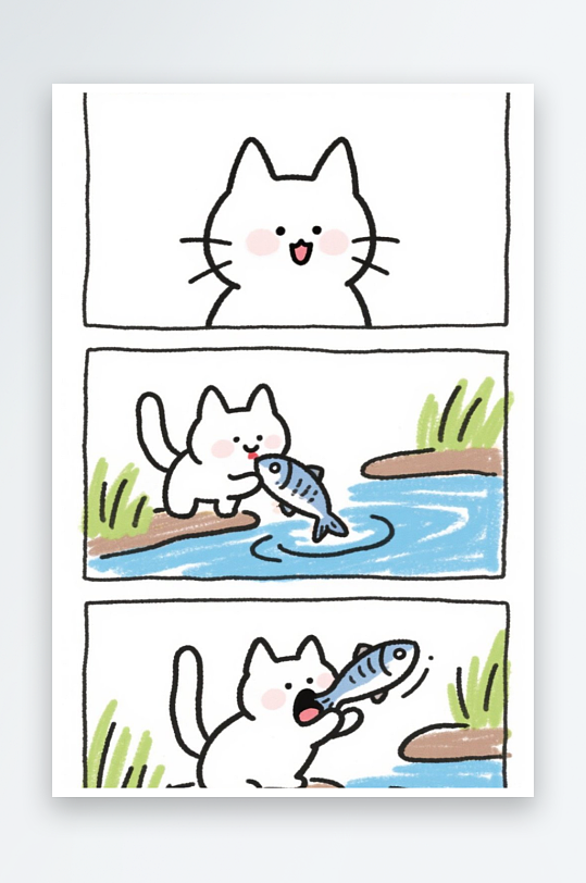 一只猫咪在河边抓鱼四格漫画白色背景简笔画