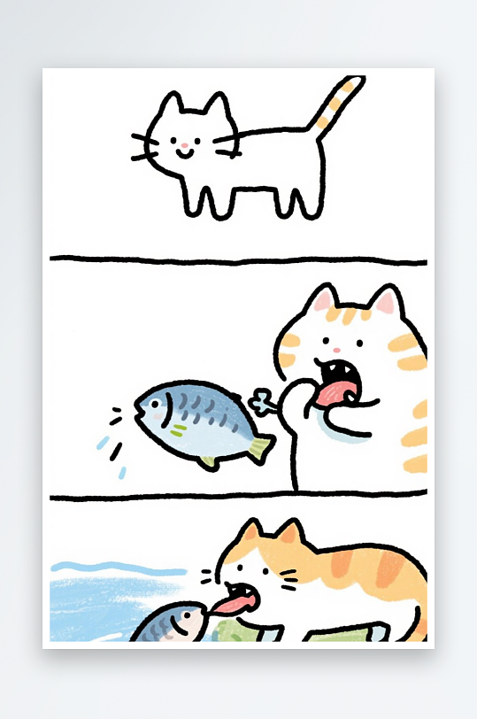 一只猫咪在河边抓鱼四格漫画白色背景简笔画