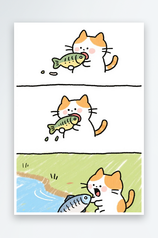 一只猫咪在河边抓鱼四格漫画白色背景简笔画