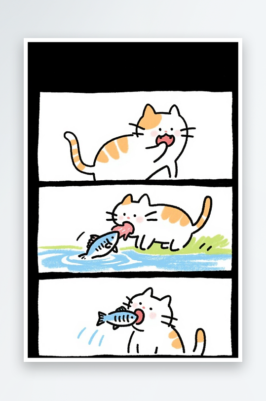 一只猫咪在河边抓鱼四格漫画白色背景简笔画