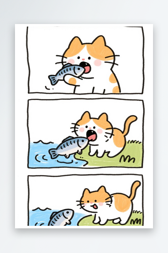 一只猫咪在河边抓鱼四格漫画白色背景简笔画