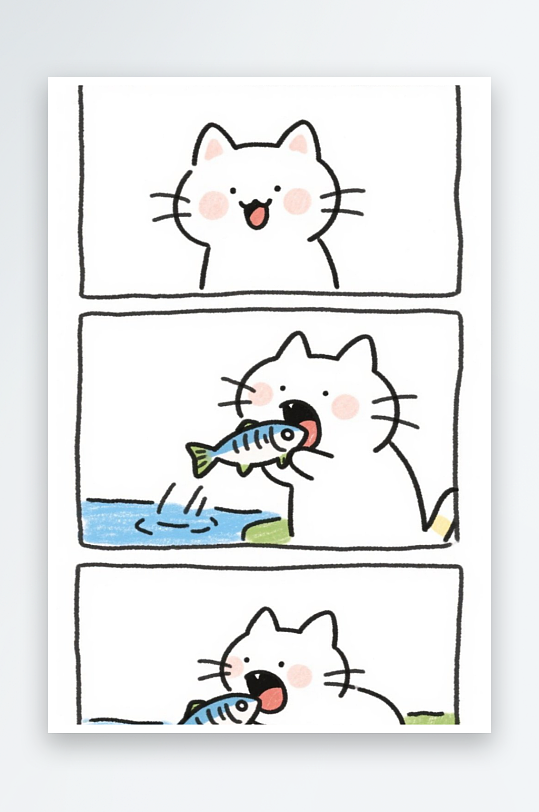 一只猫咪在河边抓鱼四格漫画白色背景简笔画