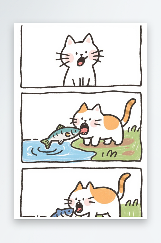 一只猫咪在河边抓鱼四格漫画白色背景简笔画