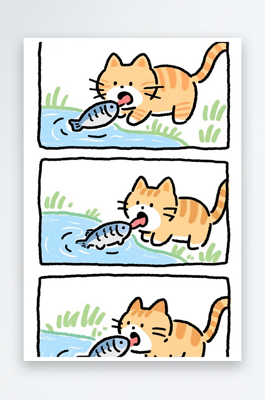 一只猫咪在河边抓鱼四格漫画白色背景简笔画