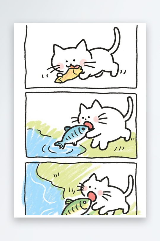 一只猫咪在河边抓鱼四格漫画白色背景简笔画