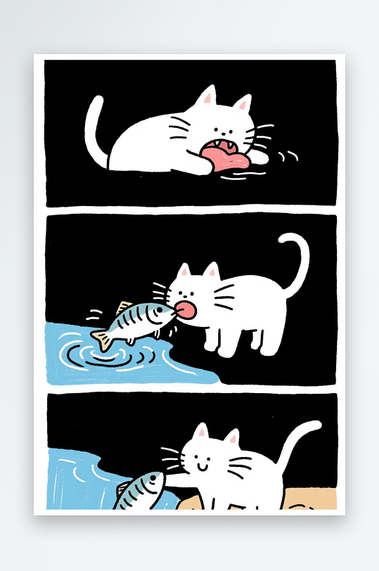 一只猫咪在河边抓鱼四格漫画白色背景简笔画