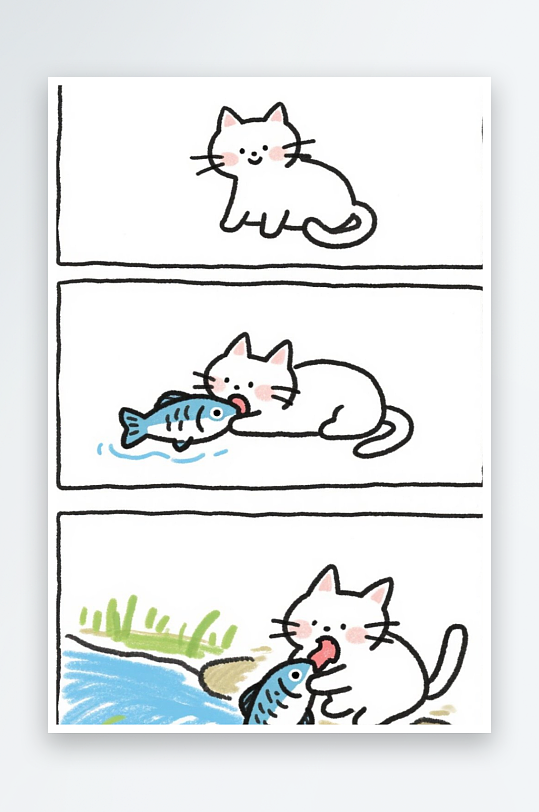 一只猫咪在河边抓鱼四格漫画白色背景简笔画