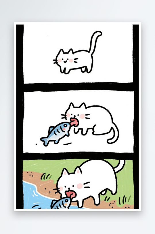 一只猫咪在河边抓鱼四格漫画白色背景简笔画