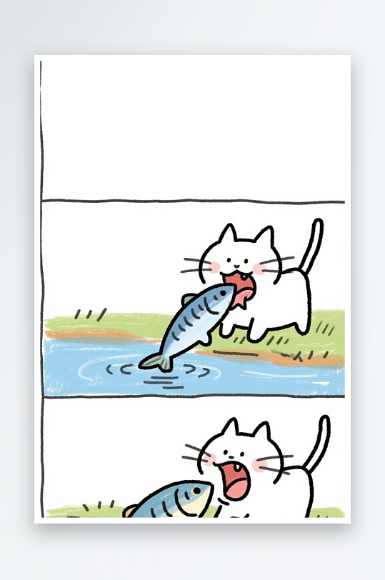 一只猫咪在河边抓鱼四格漫画白色背景简笔画