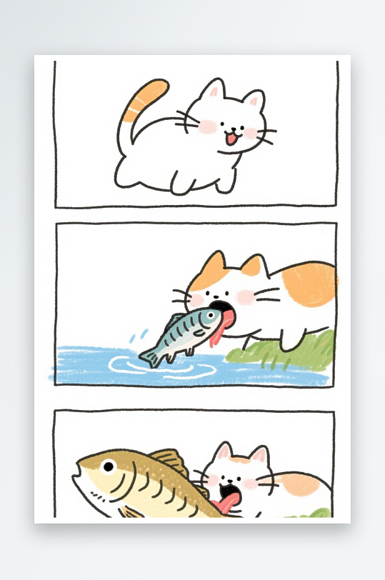 一只猫咪在河边抓鱼四格漫画白色背景简笔画