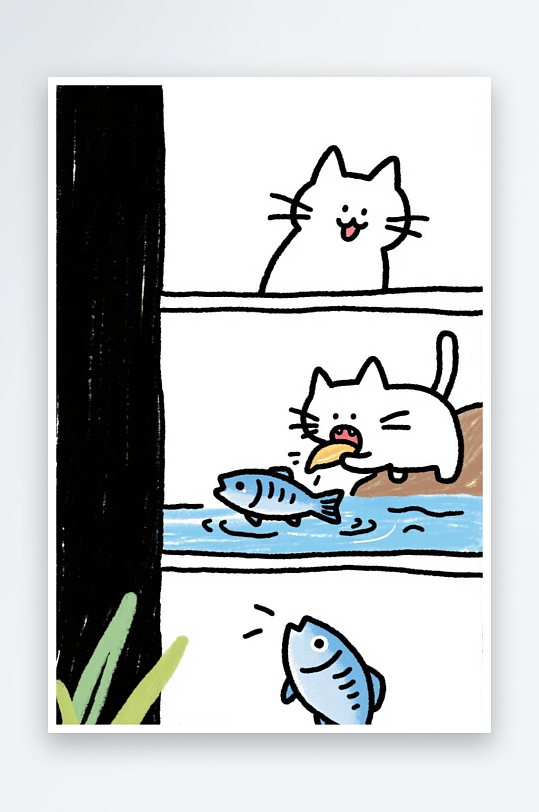 一只猫咪在河边抓鱼四格漫画白色背景简笔画