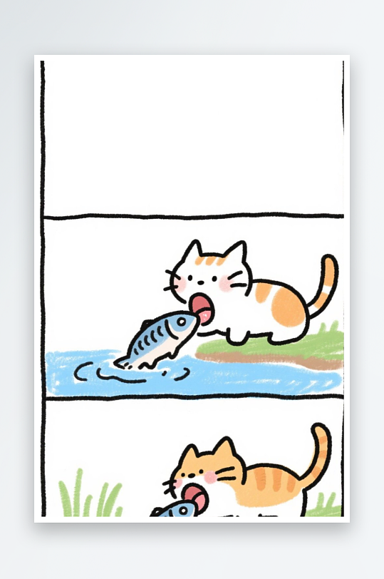 一只猫咪在河边抓鱼四格漫画白色背景简笔画