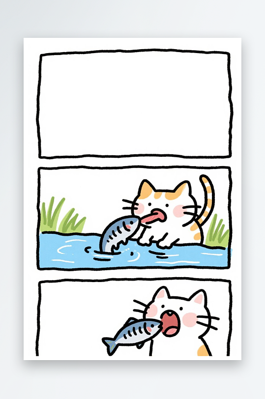一只猫咪在河边抓鱼四格漫画白色背景简笔画
