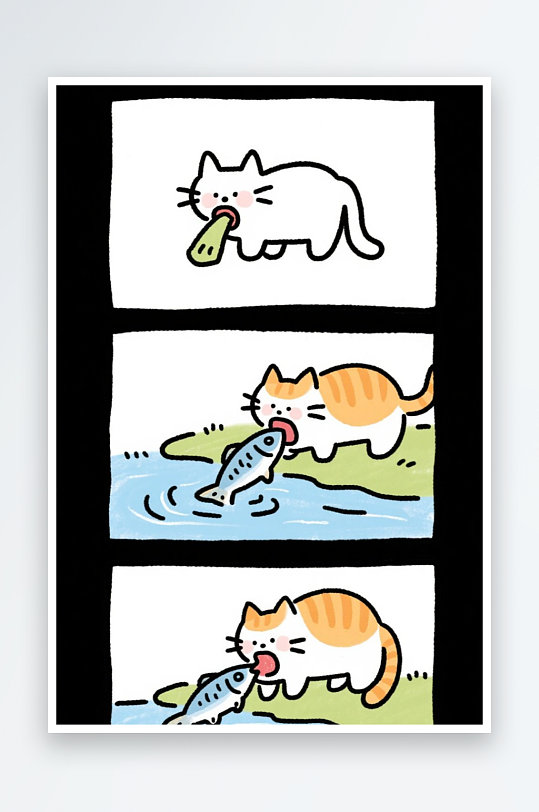 一只猫咪在河边抓鱼四格漫画白色背景简笔画