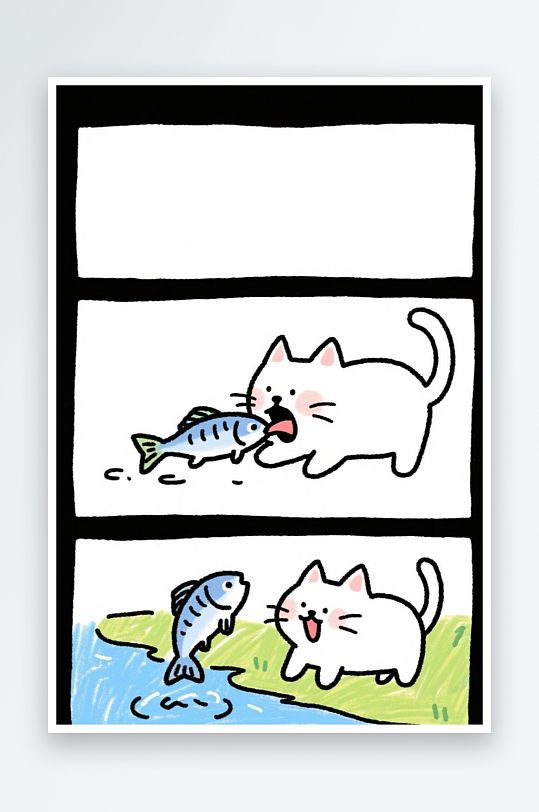 一只猫咪在河边抓鱼四格漫画白色背景简笔画